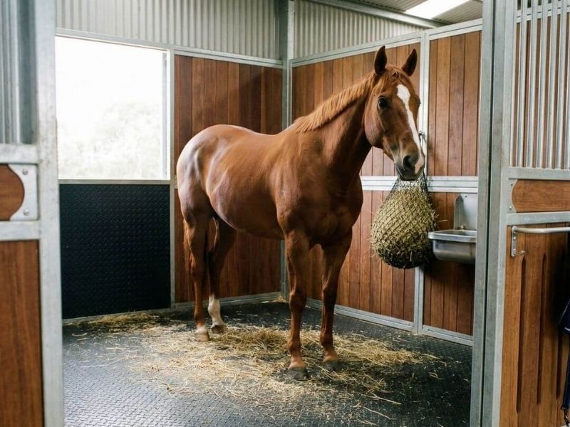 Horses in stables with rubber flooring